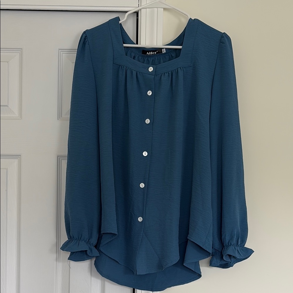 Blue Ruffled 3/4 Sleeve Blouse with Bib Collar